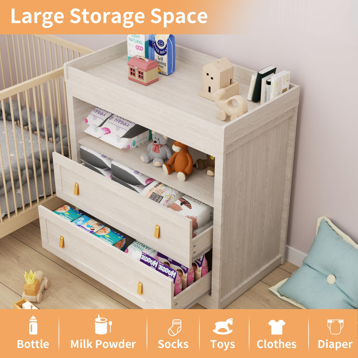 Beige Baby Dresser with Changing Table Top L5083