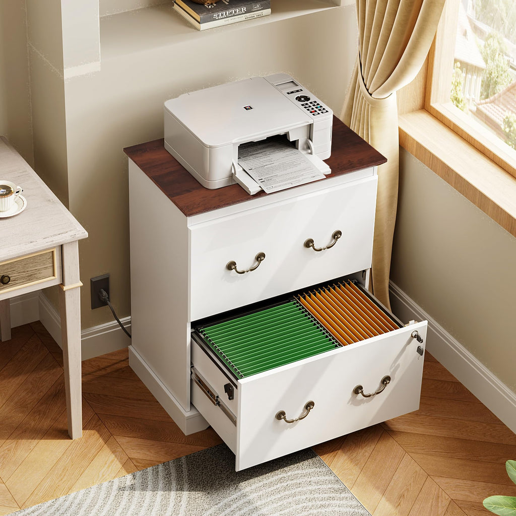 White 2 Drawer Wood File Cabinet with Charging Station and Lock L9606