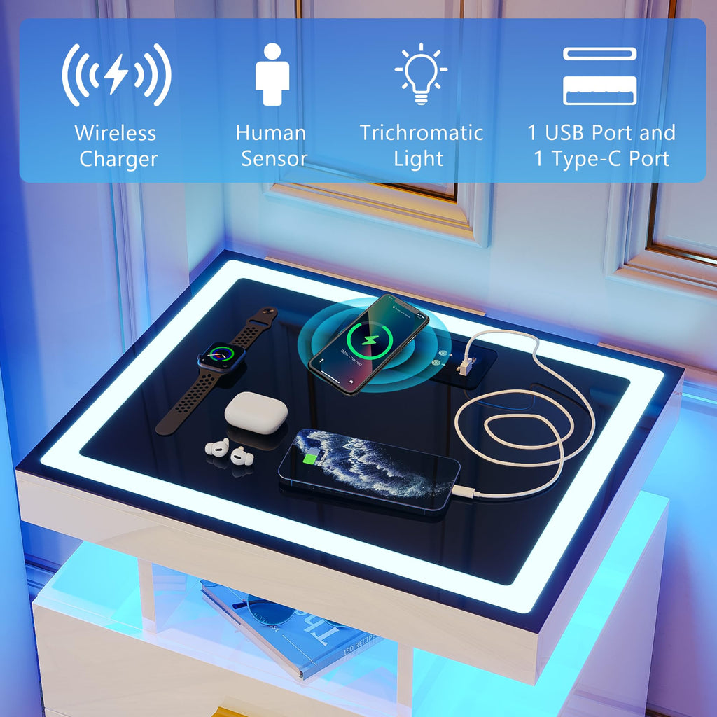 White LED Nightstand with Wireless Charging Station R5778