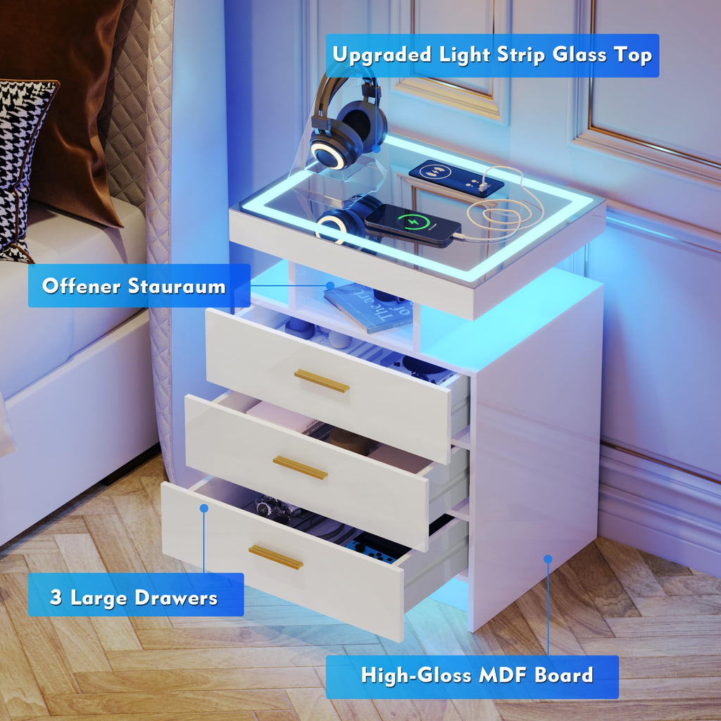 White LED Nightstand with Wireless Charging Station R5778