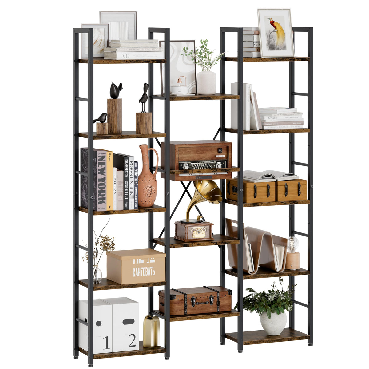 5 Tier Metal Bookshelf with Rustic Brown Shelves A550284