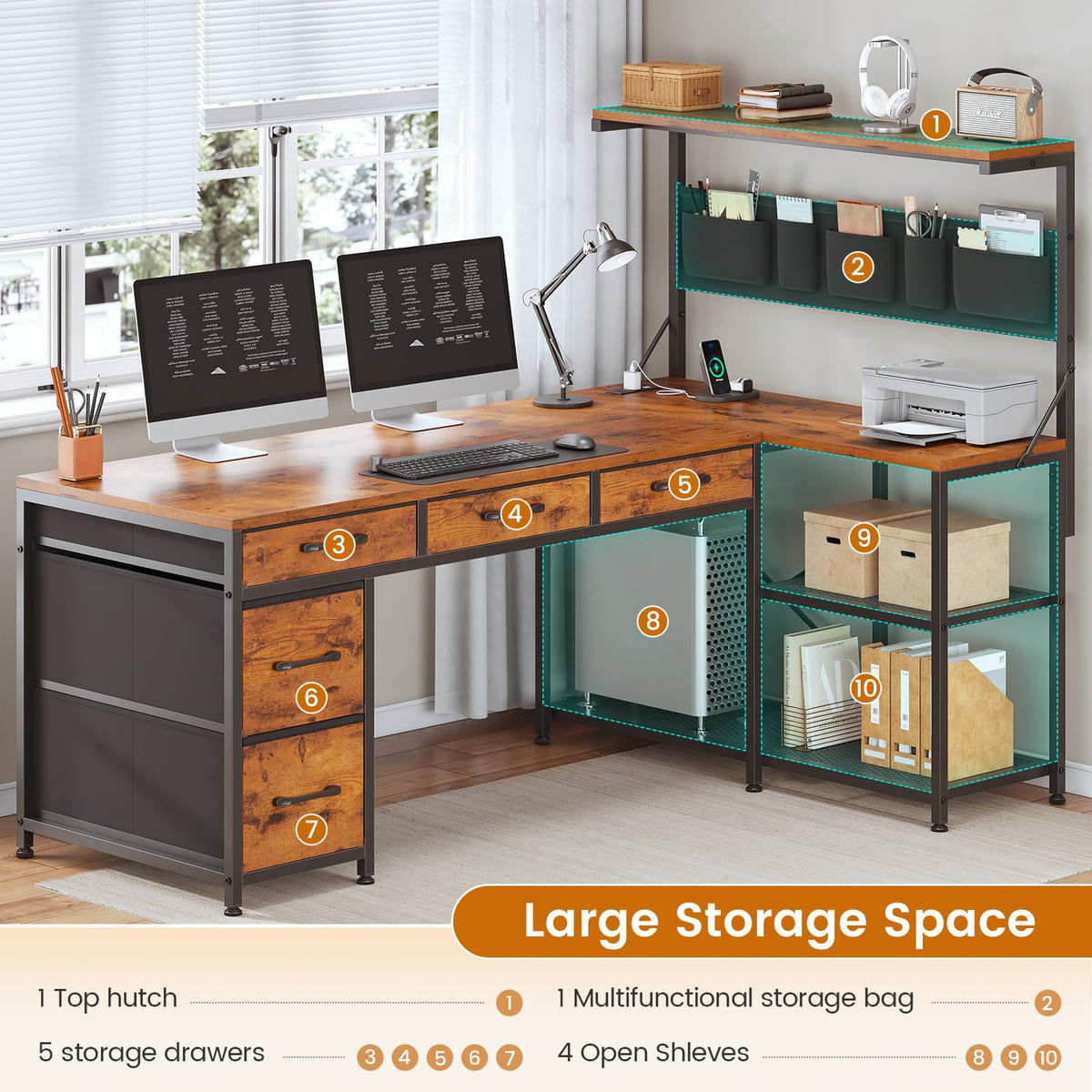 47.2" Reversible L Shaped Office Desk with Drawers K697