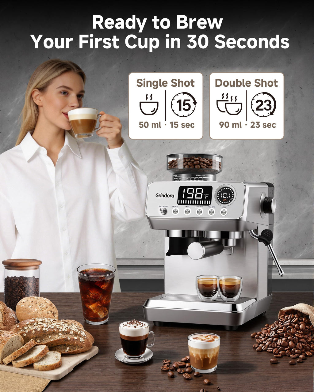 Espresso Machine with Grinder, 20 Bar, Milk Frother A559