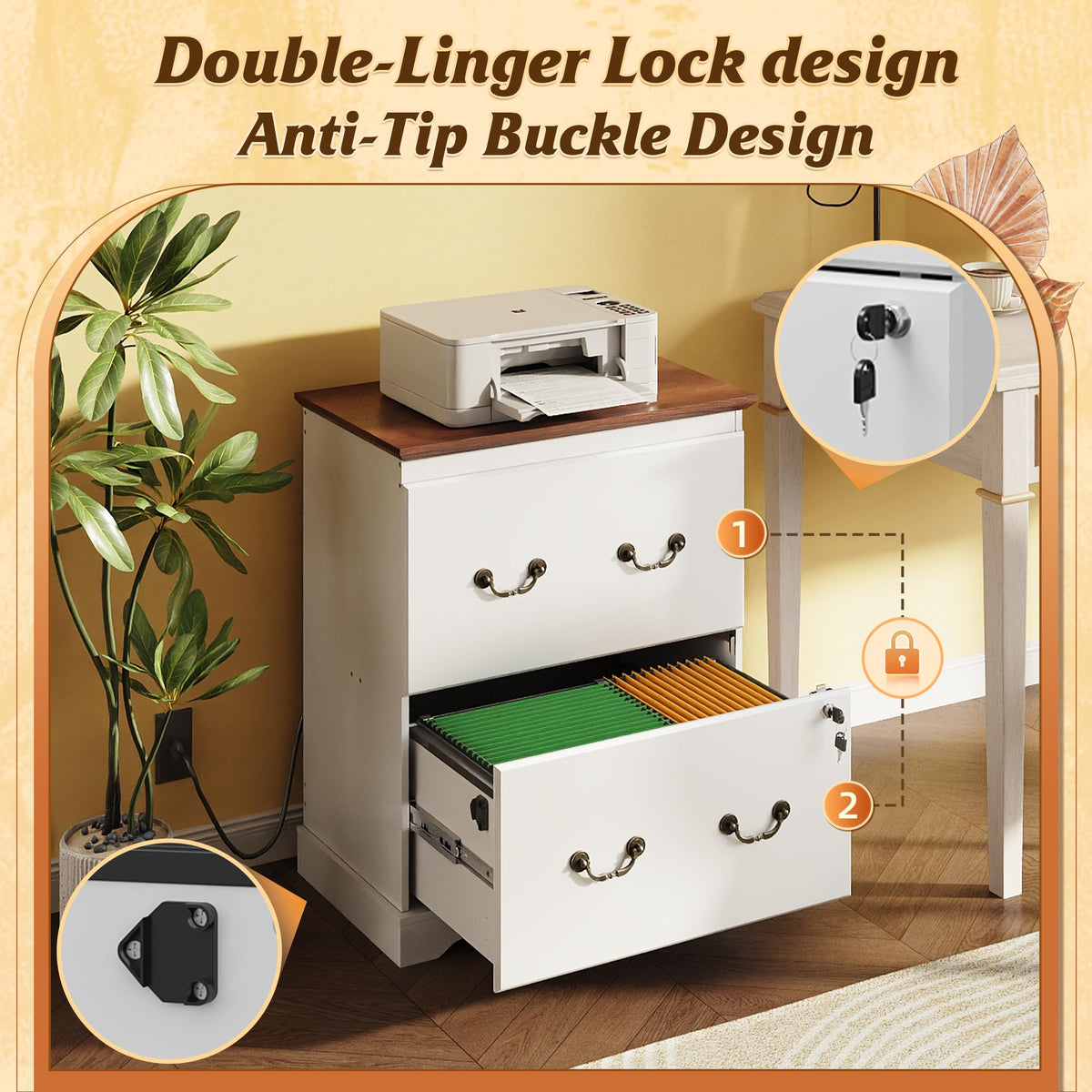 White 2 Drawer Wood File Cabinet with Charging Station and Lock L9606