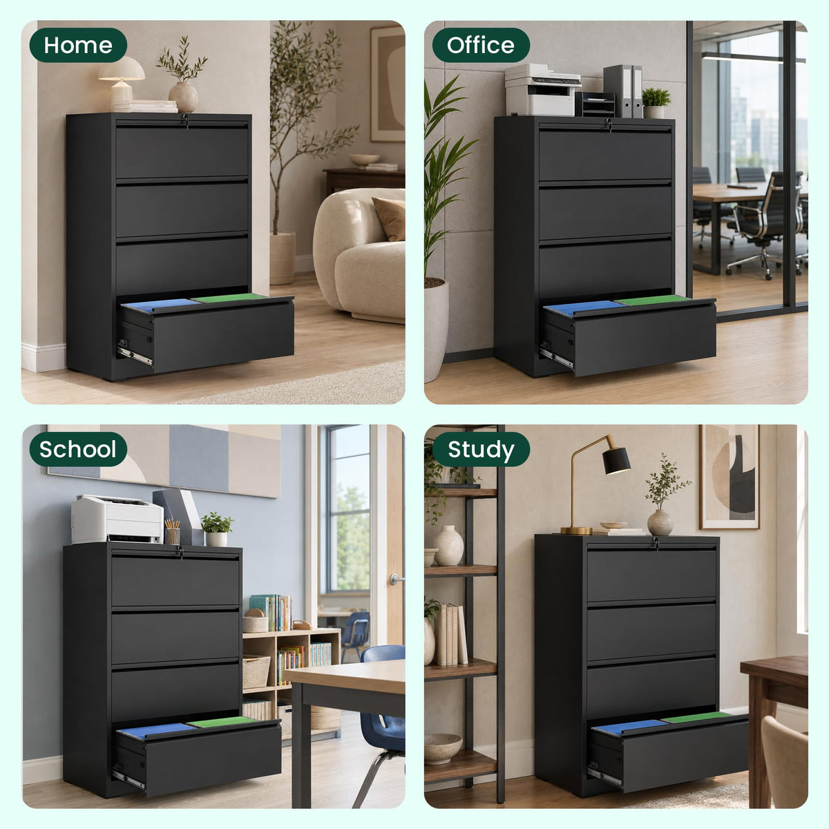 4 Drawer Black Lateral File Cabinet with Lock V104