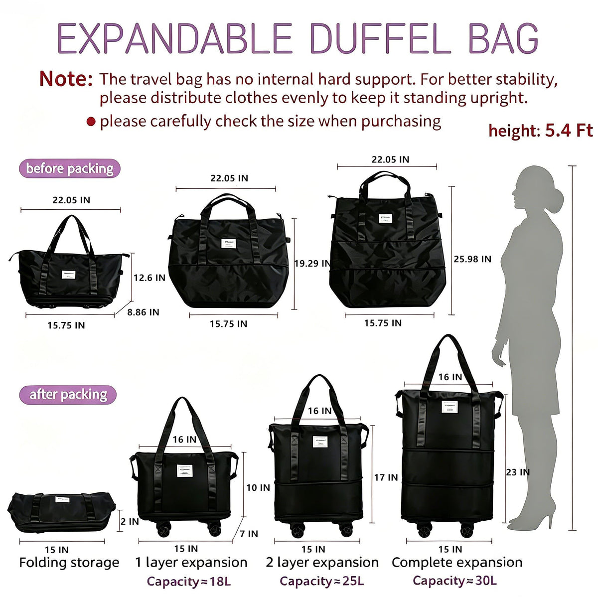 Expandable Rolling Duffle Bag with Wheels, 18L to 30L, Black V351