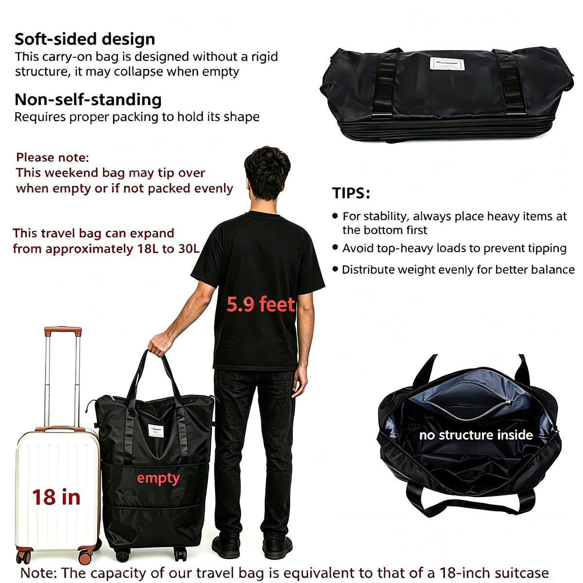 Expandable Rolling Duffle Bag with Wheels, 18L to 30L, Black V351