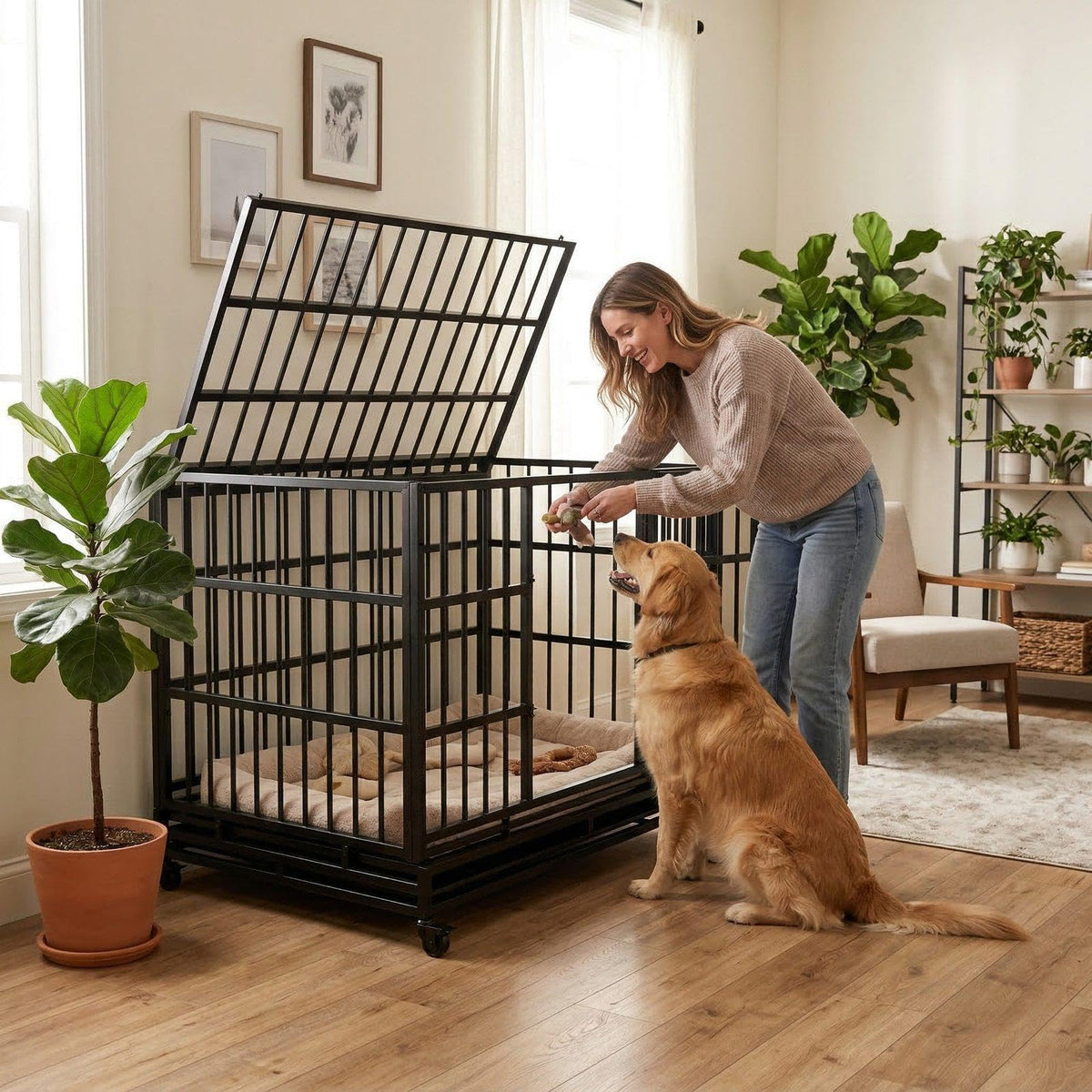 48 Inch Heavy Duty Metal Folding Dog Crate with Wheels and Double Doors P6967