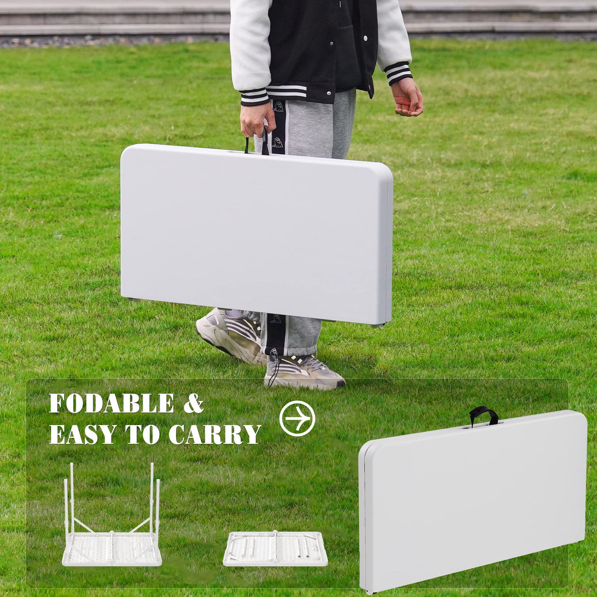 34'' Square Folding Card Table, Portable Plastic Dining Table with Carry Handle, White X844136