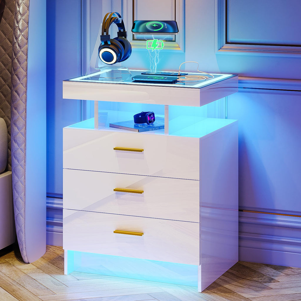 White LED Nightstand with Wireless Charging Station R5778
