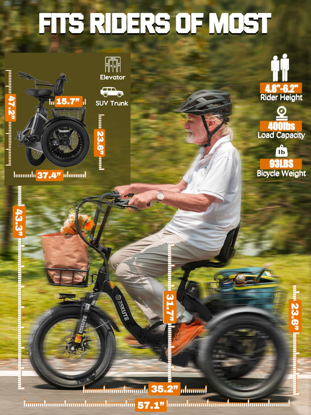 Electric Tricycle Bike 1200W Folding 3 Wheel Bicycle K3071