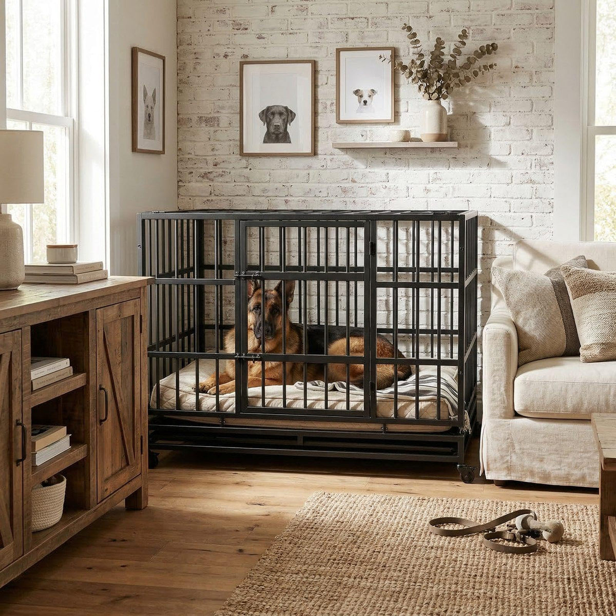 48 Inch Heavy Duty Metal Folding Dog Crate with Wheels and Double Doors P6967