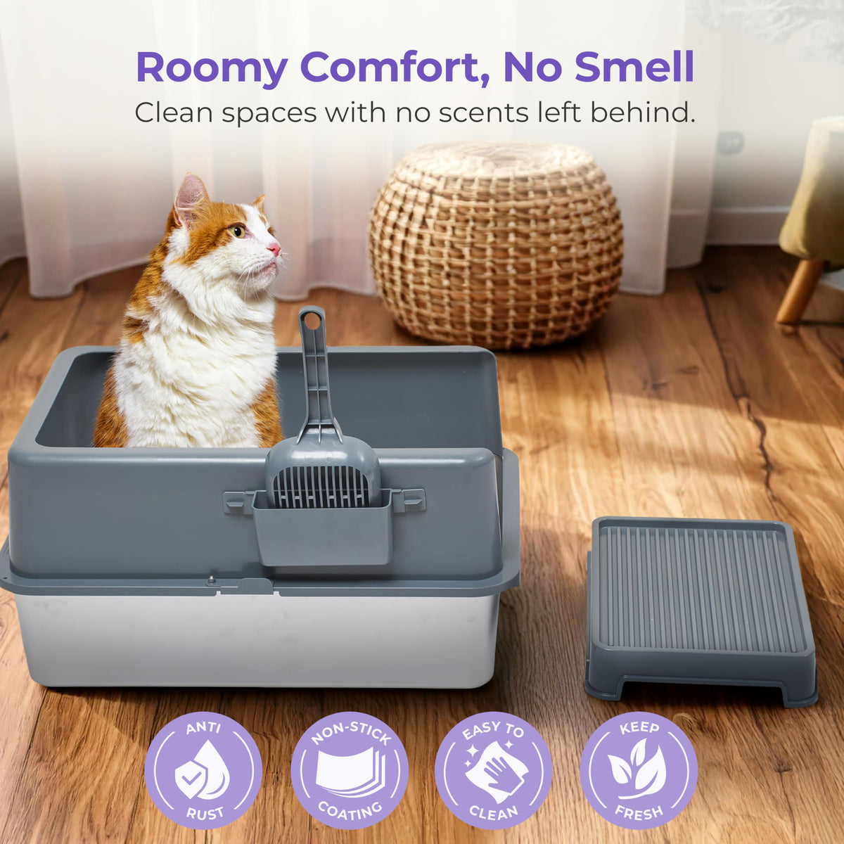 Stainless Steel Cat Litter Box Set with Scooper and Litter Mat F70750