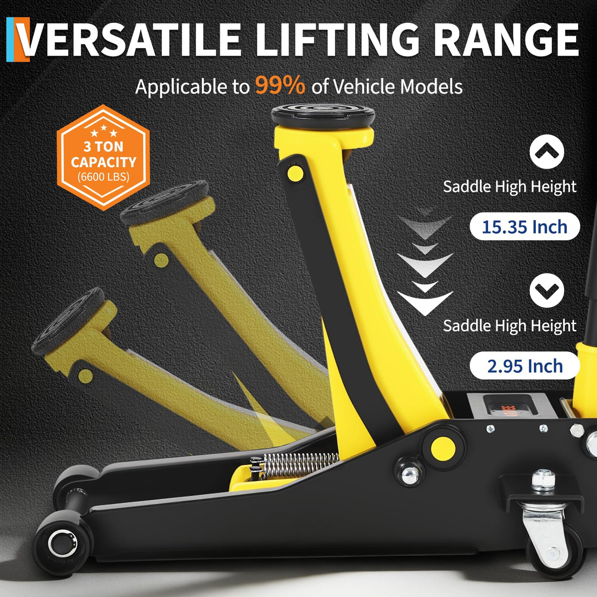 3 Ton Low Profile Hydraulic Floor Jack with Dual Piston Quick Lift Pump Steel Yellow E392604