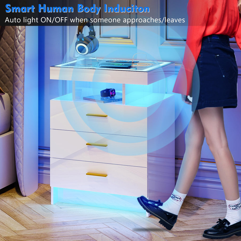 White LED Nightstand with Wireless Charging Station R5778