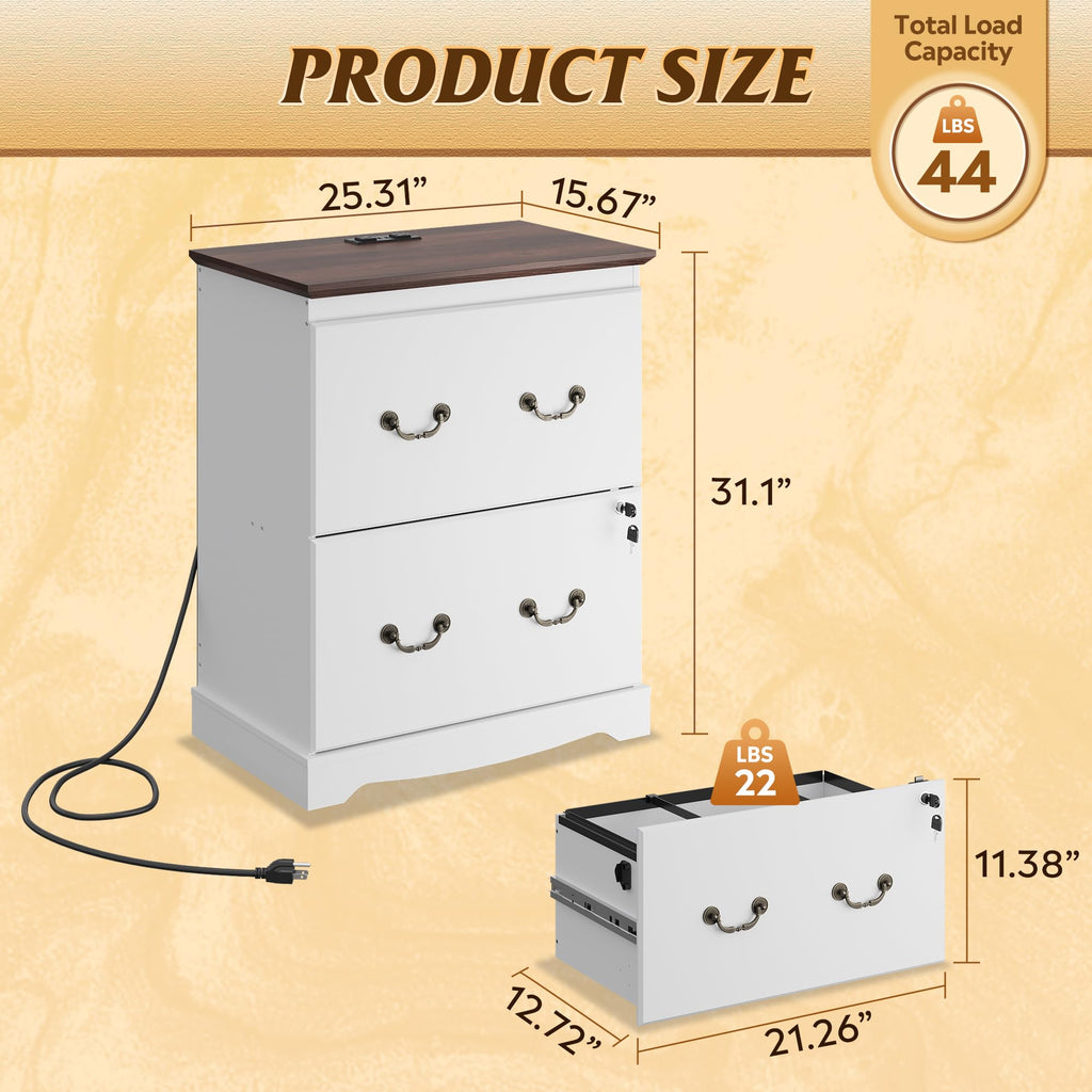 White 2 Drawer Wood File Cabinet with Charging Station and Lock L9606