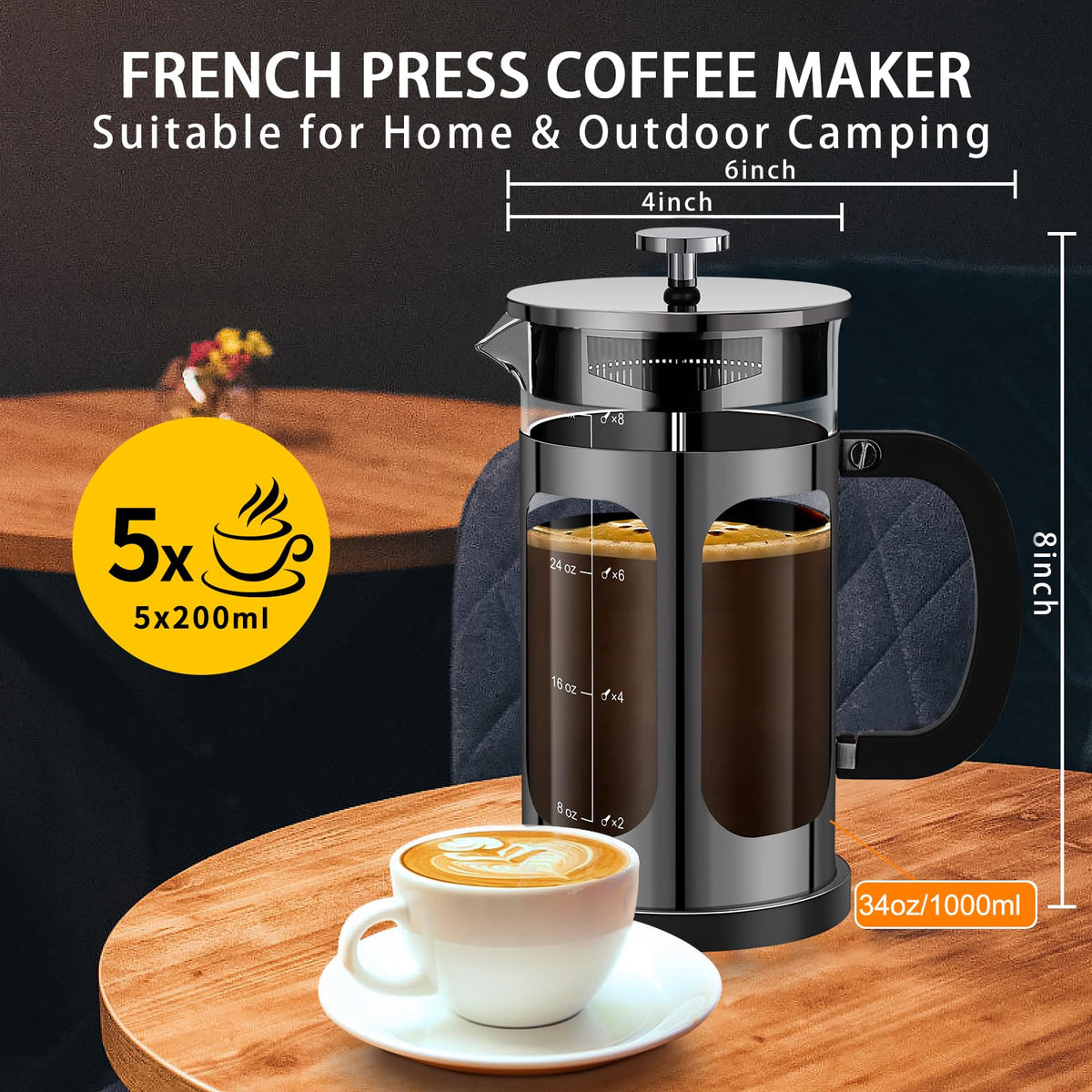 French Press Coffee Maker 34oz with 4 Filters Borosilicate Glass T608