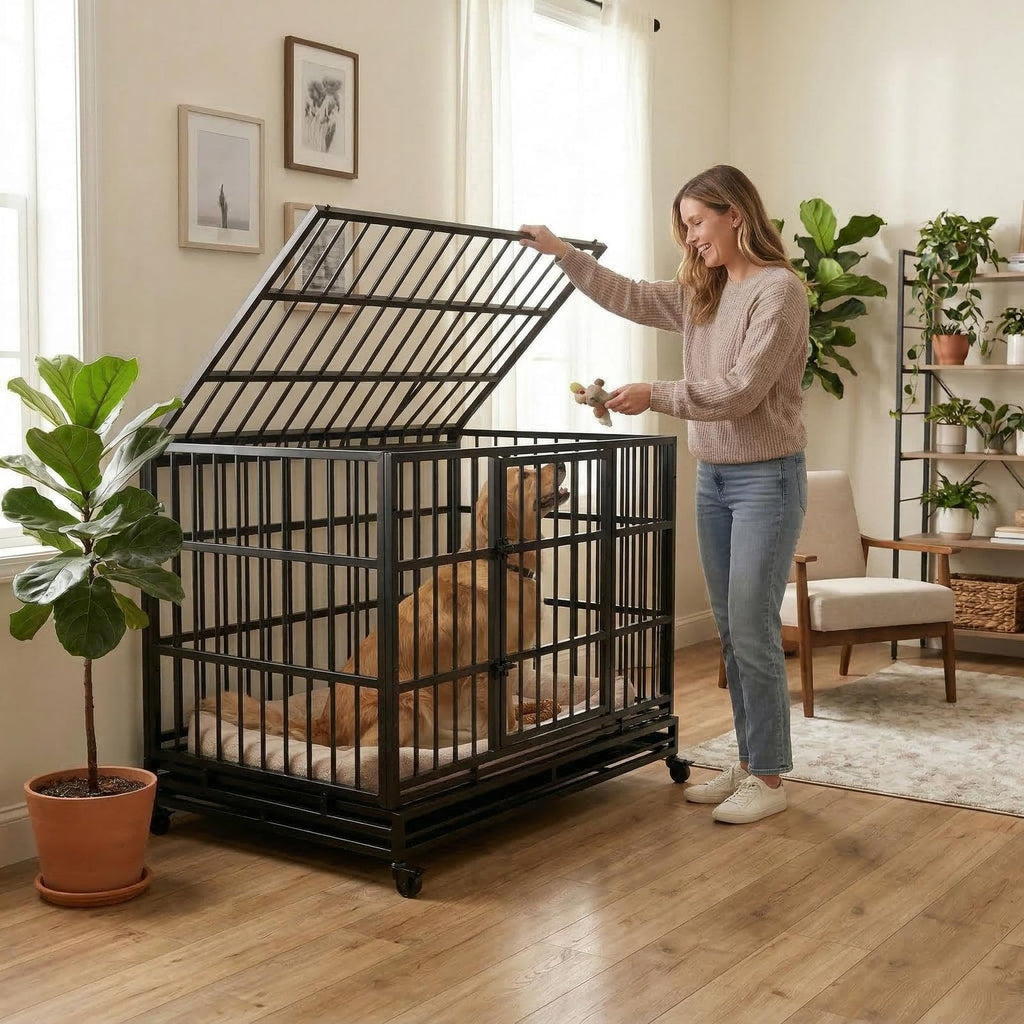 48 Inch Heavy Duty Metal Folding Dog Crate with Wheels and Double Doors P6967
