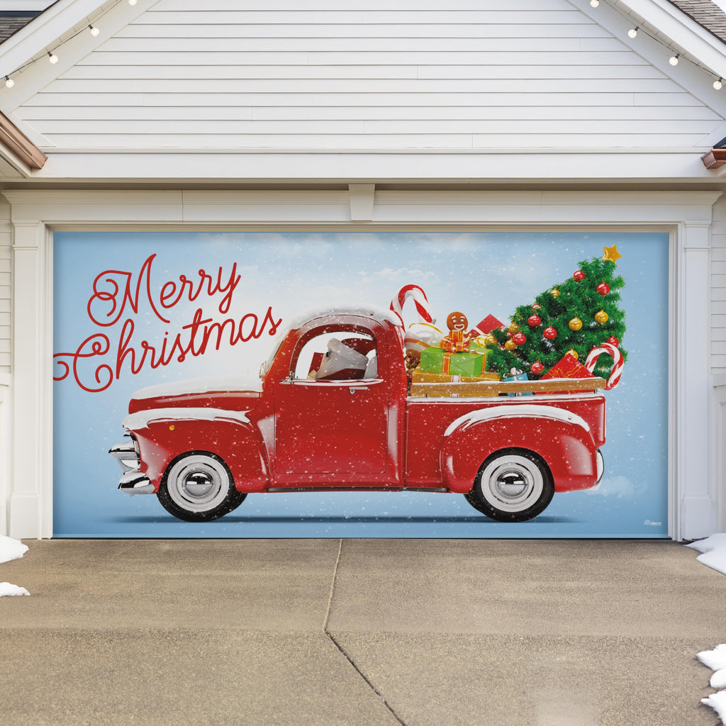 Red Truck Christmas Tree Double Garage Door Banner C311
