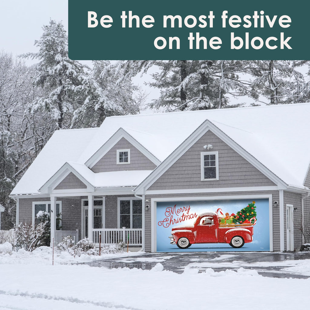 Red Truck Christmas Tree Double Garage Door Banner C311