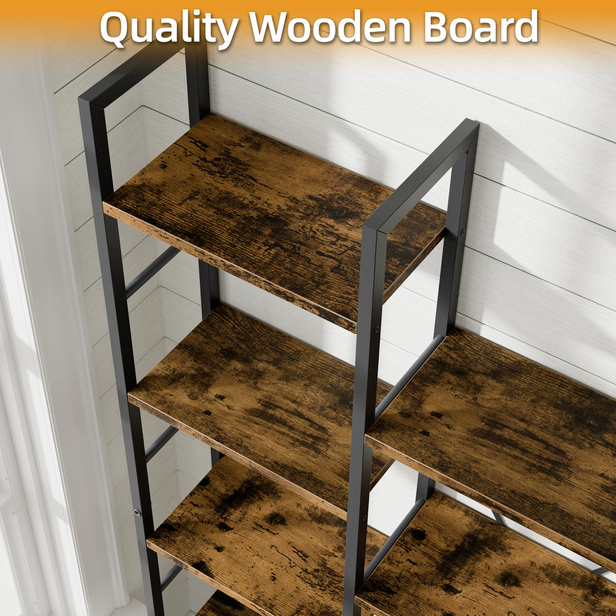 5 Tier Metal Bookshelf with Rustic Brown Shelves A550284