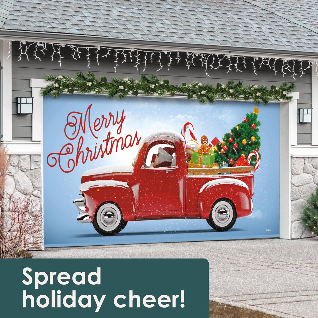Red Truck Christmas Tree Double Garage Door Banner C311