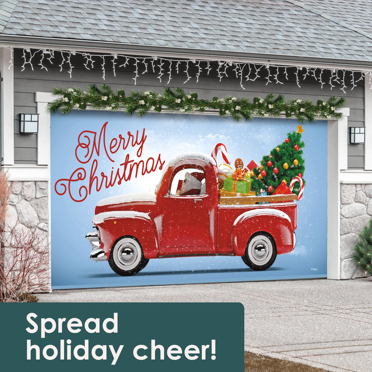 Red Truck Christmas Tree Double Garage Door Banner C311